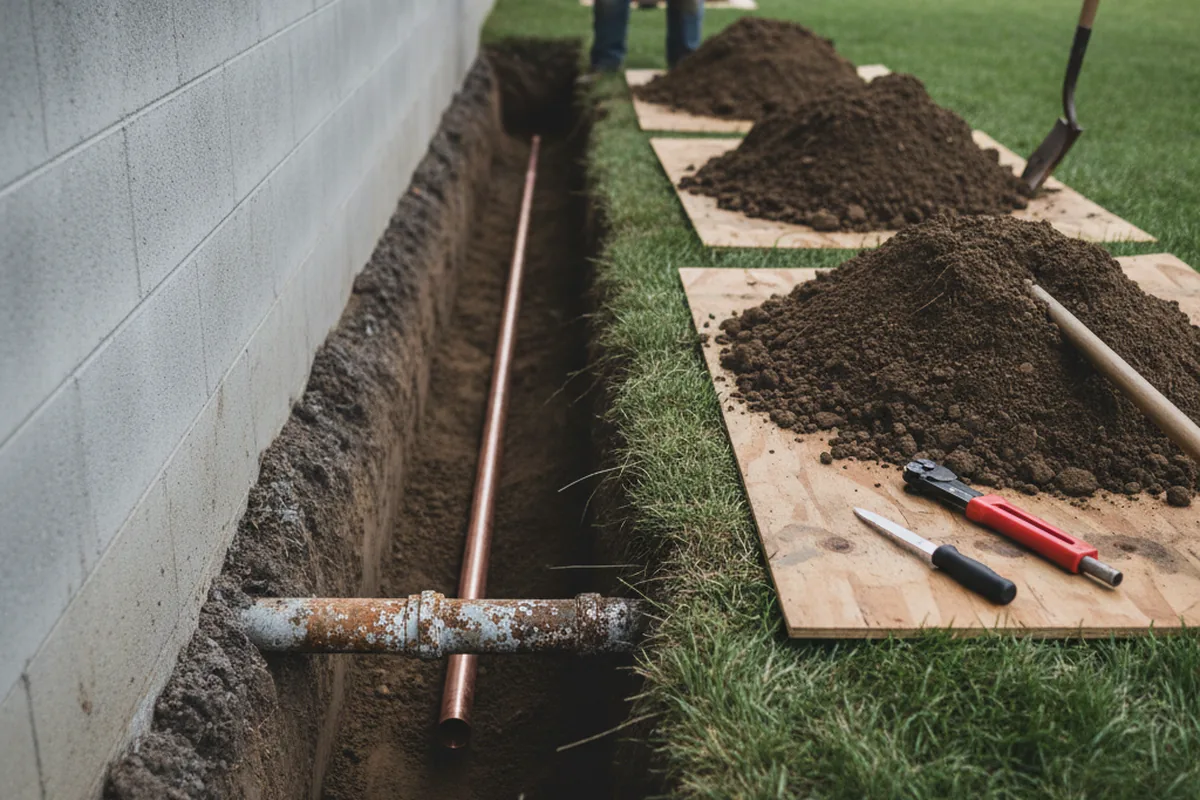 Excavated water line trench during Water Heater Repair in Waddy